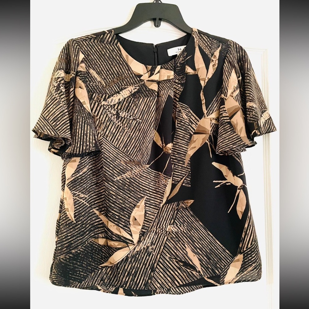 Halston Heritage Black and Brown Flutter Sleeve Blouse XS